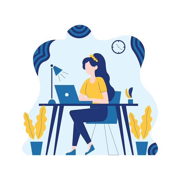 Illustration de la désignation d'une employée travaillant à l'aide d'un ordinateur portable au bureau avec un fond fluide