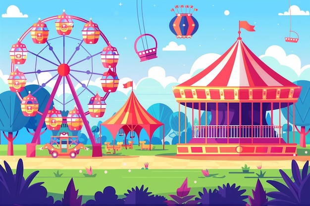 Illustration de la désignation plate d'un parc d'attractions avec une roue russe