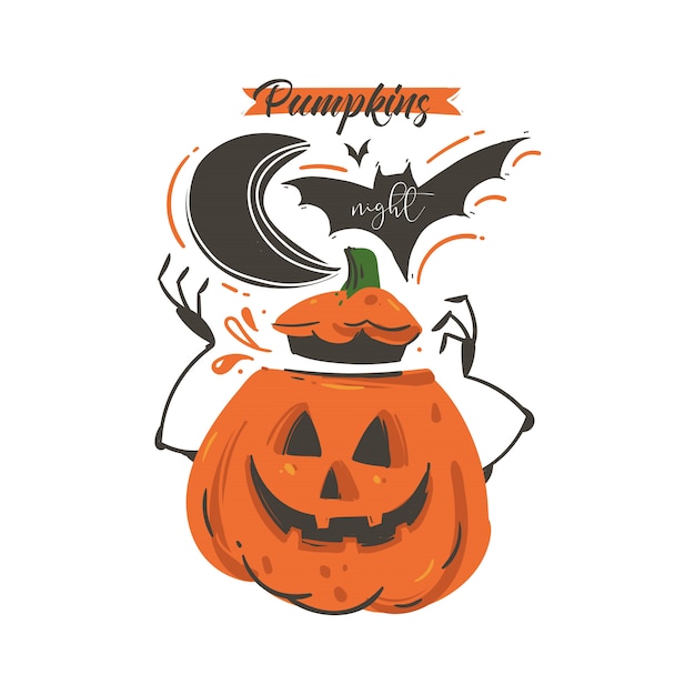 Vecteur illustration de dessin animé abstrait dessiné à la main happy halloween avec chauve-souris, citrouille, lune et phase calligraphique moderne nuit de citrouilles sur fond blanc.