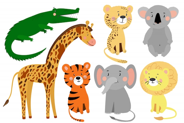 Illustration De Dessin Animé Animaux Isolé Ensemble: Koala, Lion, Tigre, Léopard, éléphant, Girafe, Crocodile.