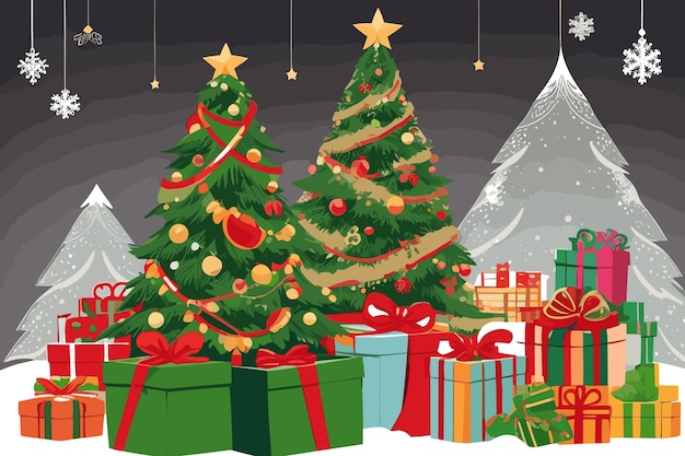 Une Illustration De Dessin Animé D'un Arbre De Noël Avec Des Cadeaux En Dessous.
