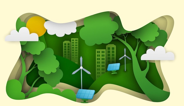 une illustration de dessin animé d'un arbre vert avec des panneaux solaires dessus