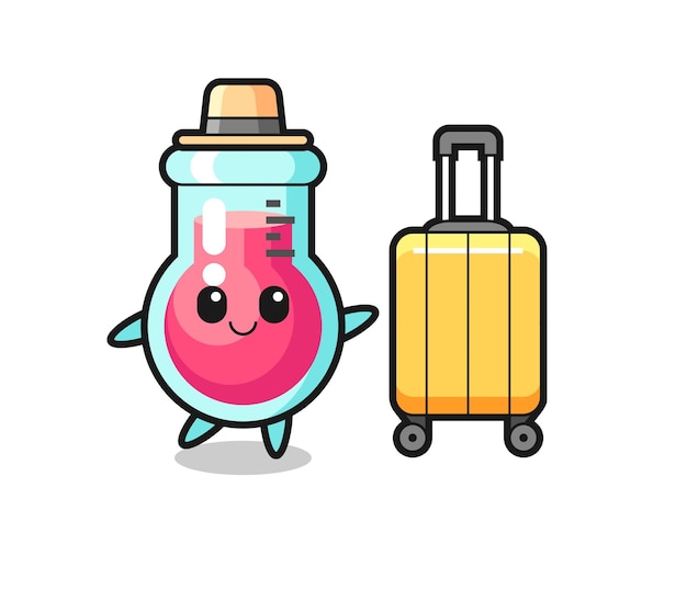 Illustration De Dessin Animé De Bécher De Laboratoire Avec Bagages En Vacances, Design De Style Mignon Pour T-shirt, Autocollant, élément De Logo