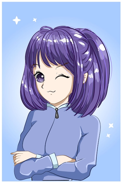 Illustration de dessin animé de belle fille cheveux violets courts