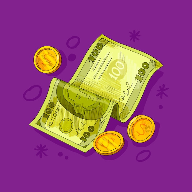 Illustration de dessin animé de billet de 100 dollars dessinés à la main