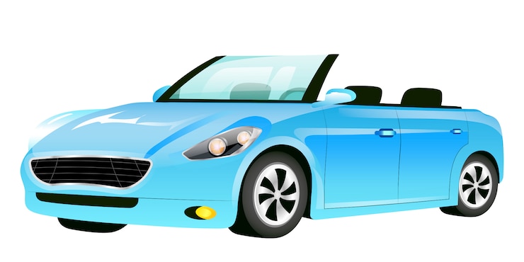 Vecteur illustration de dessin animé bleu cabriolet. voiture à la mode sans objet de couleur de toit. voiture de luxe, transport personnel moderne sur fond blanc. vue latérale élégante de l'automobile