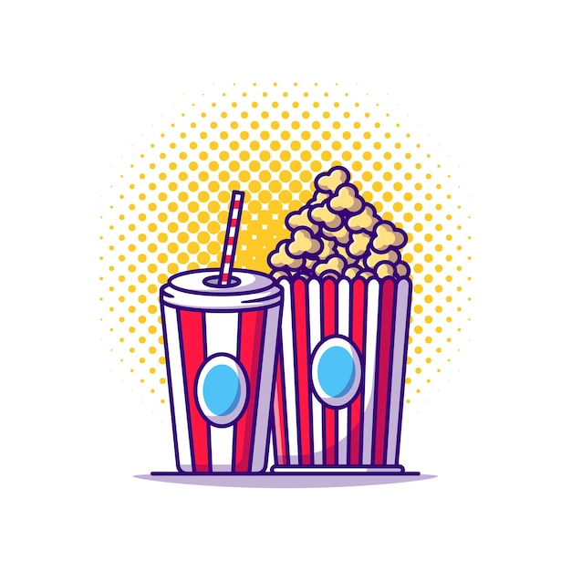 Illustration De Dessin Animé De Boisson Et Pop Corn. Concept D'icône De Cinéma Blanc Isolé. Style De Bande Dessinée Plat