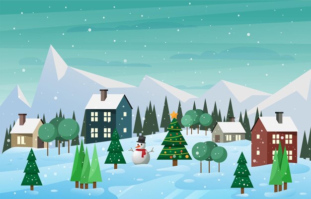 une illustration de dessin animé d'un bonhomme de neige dans un village enneigé