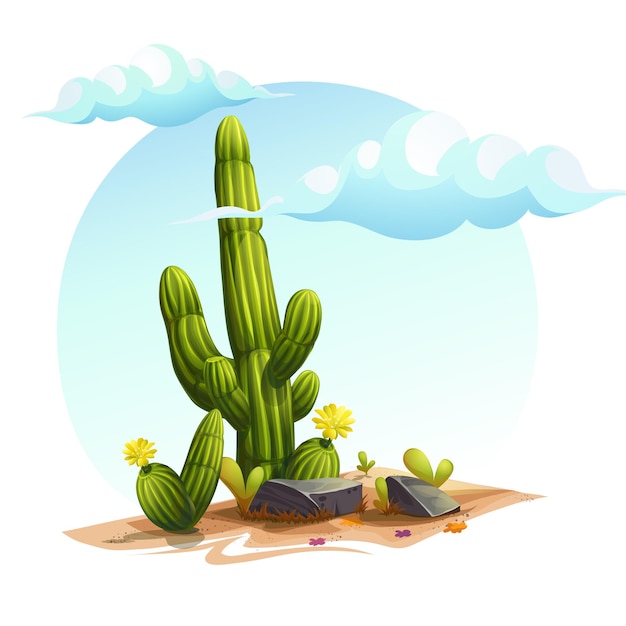 Illustration de dessin animé d'un buissons de cactus parmi les rochers sur le sable sous les nuages dans le ciel