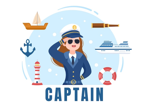 Illustration De Dessin Animé De Capitaine De Bateau De Croisière Femme En Uniforme De Marin Sur Le Port