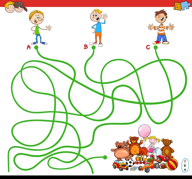 Illustration de dessin animé de chemins ou de labyrinthe Puzzle jeu d'activité avec Kid Boys et jouets