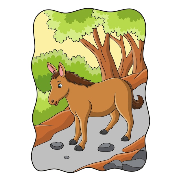 Illustration De Dessin Animé Un Cheval Qui Marche à La Recherche De Nourriture Au Milieu De La Forêt