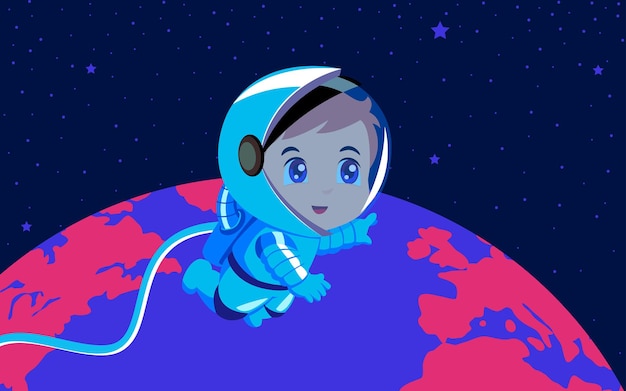 Vecteur illustration de dessin animé de chibi d'un astronaute flottant joyeusement au-dessus de la terre illustration vectorielle