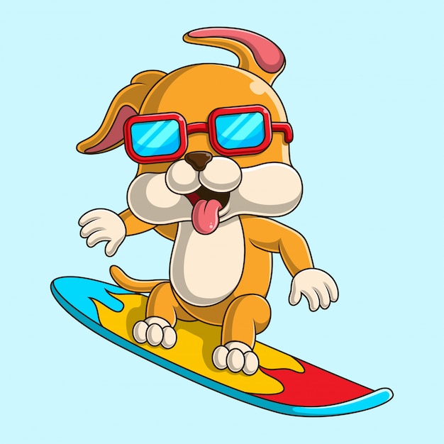 Vecteur illustration de dessin animé d'un chien mignon surf