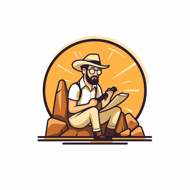 Illustration de dessin animé d'un cow-boy assis sur un rocher avec une carte à la main