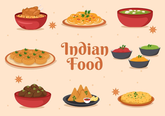 Illustration de dessin animé de cuisine indienne avec diverses collections dans un style plat