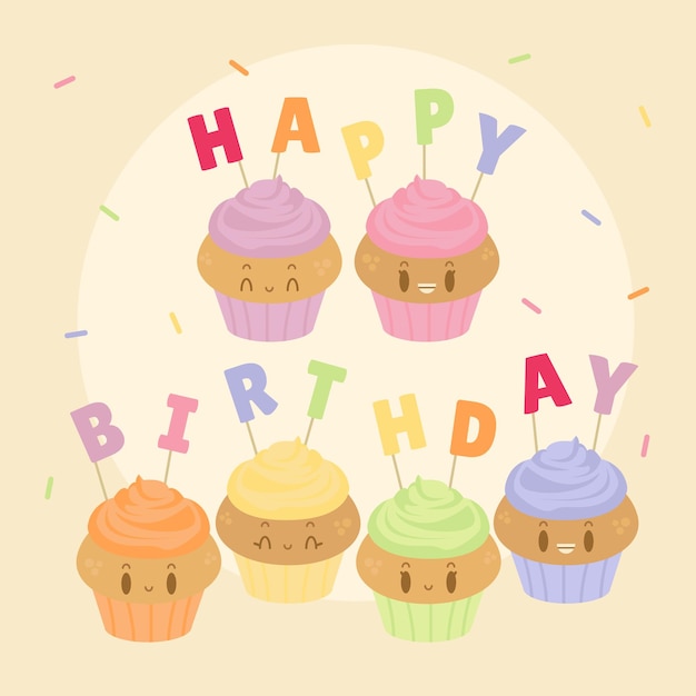 Une Illustration De Dessin Animé De Cupcakes Avec Les Mots Joyeux Anniversaire Dessus.