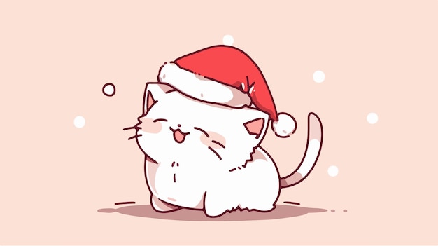 Illustration de dessin animé dessiné à la main d'un chat mignon portant un chapeau de Père Noël