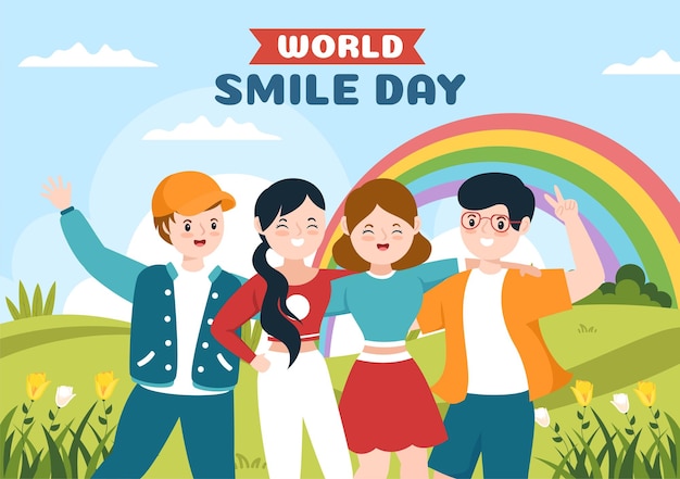 Illustration de dessin animé dessiné à la main de la journée mondiale du sourire avec une expression souriante et un visage de bonheur