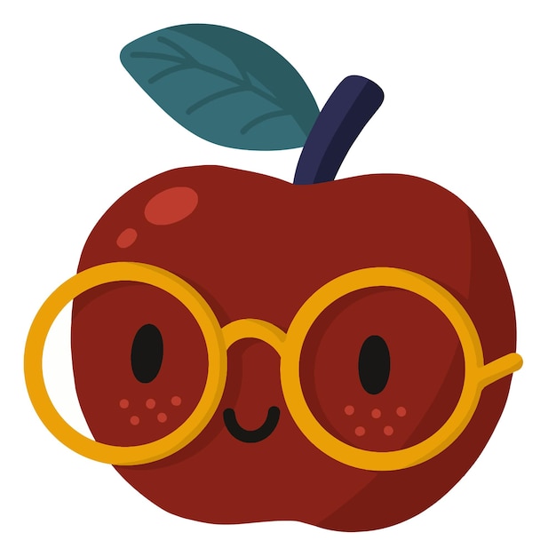 Vecteur illustration de dessin animé dessiné à la main de vecteur pomme rouge heureuse mignonne avec des lunettes