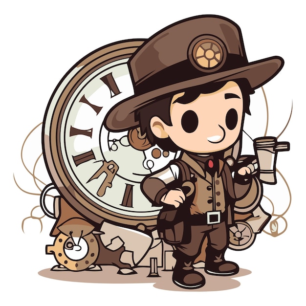 Vecteur illustration de dessin animé d'un détective avec une montre de poche et une lampe de poche