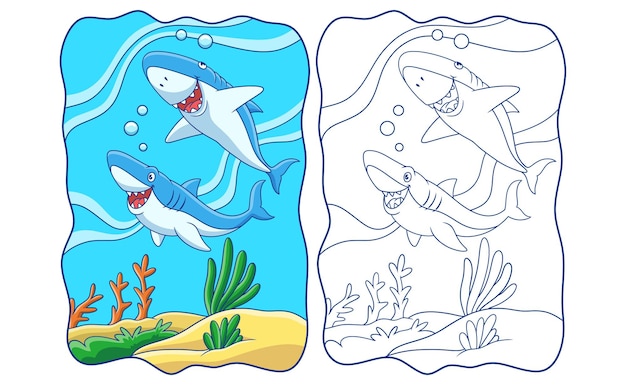 Illustration De Dessin Animé Deux Requins Chassent Leur Proie Dans Le Livre Ou La Page De La Mer Pour Les Enfants