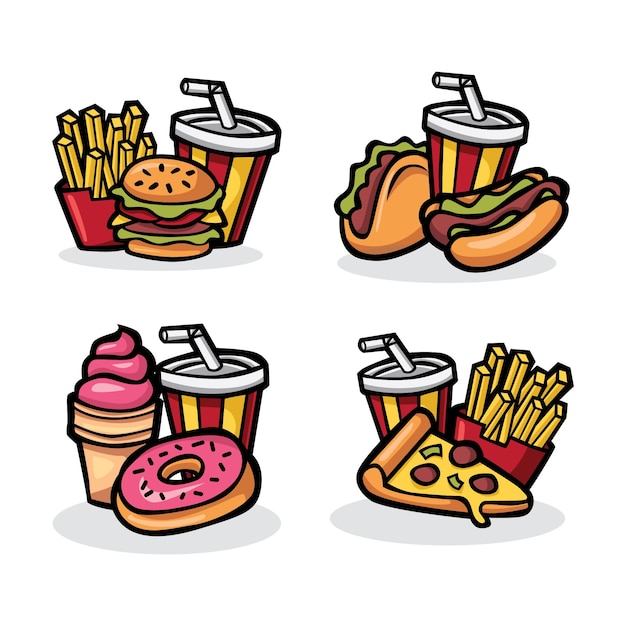 Vecteur une illustration de dessin animé de différents produits alimentaires, y compris un hamburger, des frites et un soda.