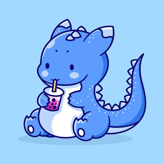 Vecteur illustration de dessin animé d'un dragon avec une boisson de thé à bulles