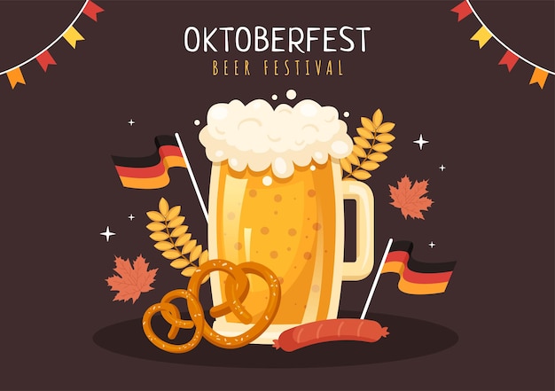 Illustration De Dessin Animé Du Festival De La Bière Oktoberfest En Allemand Traditionnel Dans La Conception De Fond De Style Plat