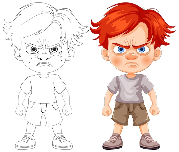 Vecteur illustration de dessin animé du petit garçon en colère