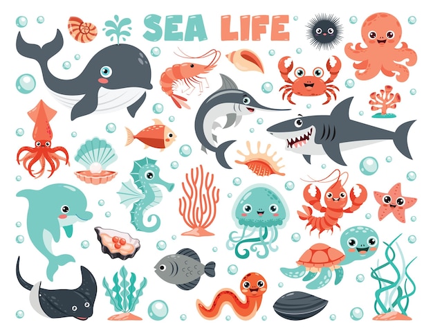 Vecteur illustration de dessin animé d'éléments de la vie marine