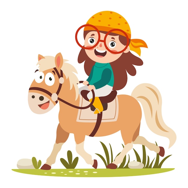 Illustration de dessin animé d'un enfant à cheval