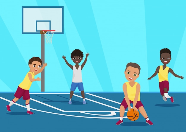Illustration de dessin animé d'enfants jouant au basket-ball à l'école.