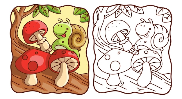 Illustration De Dessin Animé Les Escargots Marchent Sur Un Livre De Coloriage Ou Une Page De Champignons Pour Les Enfants