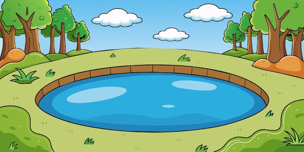 Vecteur une illustration de dessin animé d'un étang avec des arbres et de l'herbe