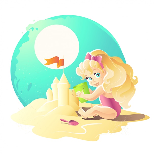 Illustration De Dessin Animé De L'été. Personnage De Jeune Fille Bébé Assis Sur Le Sable Jouant Avec Le Château De Sable. Seau, Pelle. Illustration D'enfants, Couverture De Livre, Publicité. Bannière, Pancarte, Impression.