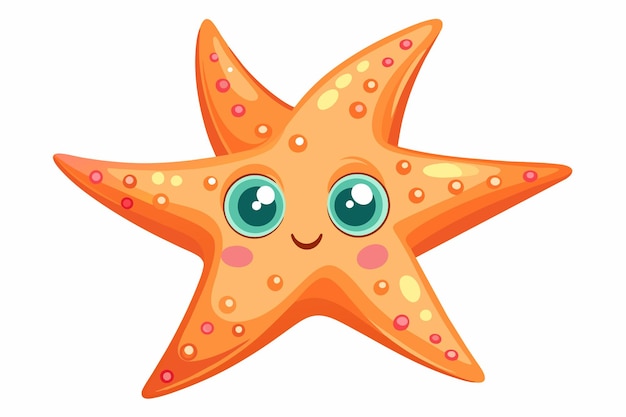 Vecteur une illustration de dessin animé d'une étoile de mer orange souriante avec de grands yeux bleus et des taches roses et vertes sur son corps