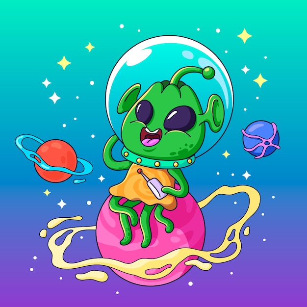 Vecteur illustration de dessin animé extraterrestre dessinée à la main