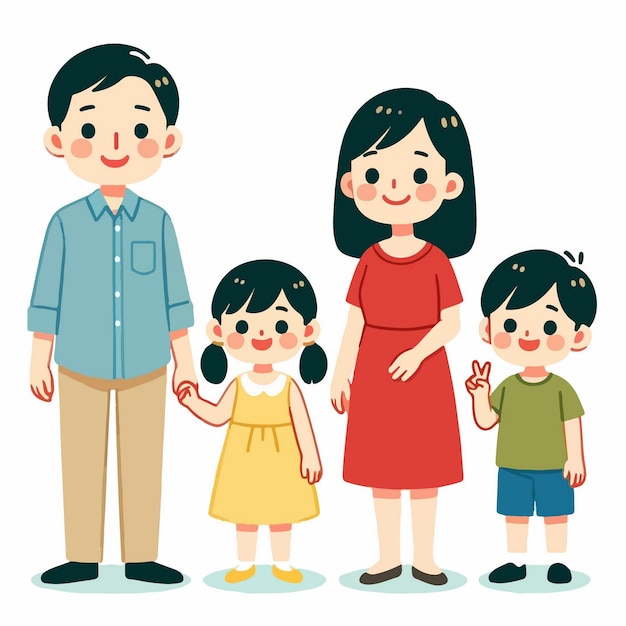 Vecteur une illustration de dessin animé d'une famille heureuse de quatre personnes debout ensemble et posant pour un portrait