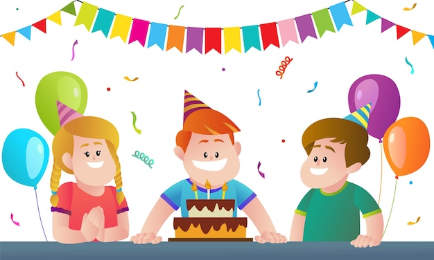 Vecteur illustration de dessin animé de fête d'anniversaire pour enfants heureux
