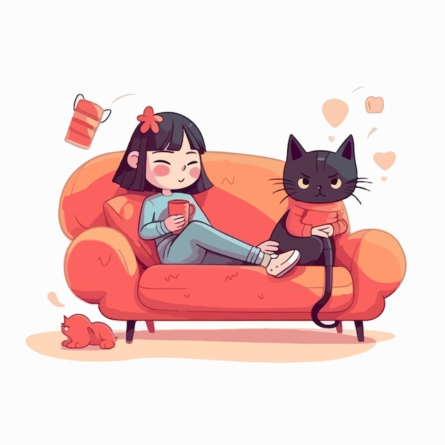 Une illustration de dessin animé d'une fille et d'un chat sur un canapé.