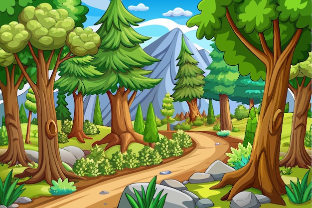 une illustration de dessin animé d'une forêt avec des arbres et des rochers