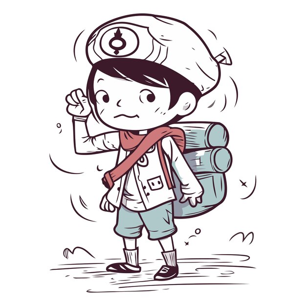 Illustration De Dessin Animé D'un Garçon Portant Une Casquette De Marin Et Portant Un Sac à Dos