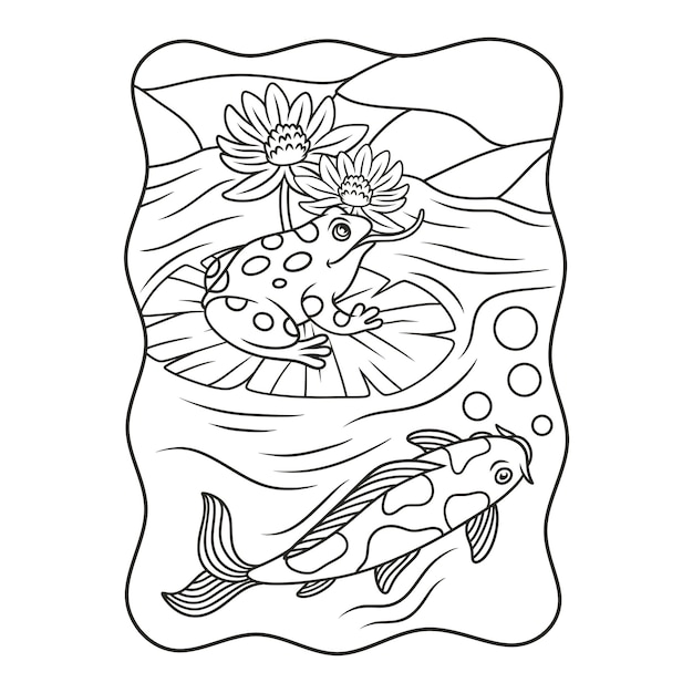 Illustration De Dessin Animé Une Grenouille Assise Sur Une Fleur De Lotus Se Préparant à Sauter Au Bord De La Rivière Avec Un Poisson Koi Nageant Dans Le Livre Ou La Page De L'eau Pour Les Enfants En Noir Et Blanc