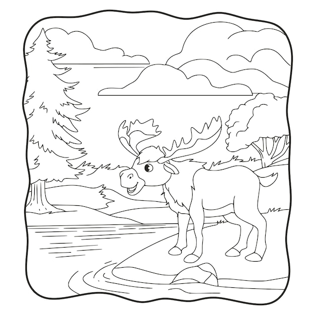 Vecteur illustration de dessin animé gros cerf debout près du livre ou de la page de la rivière pour les enfants en noir et blanc