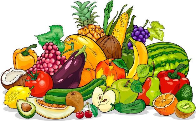 Vecteur illustration de dessin animé de groupe fruits et légumes
