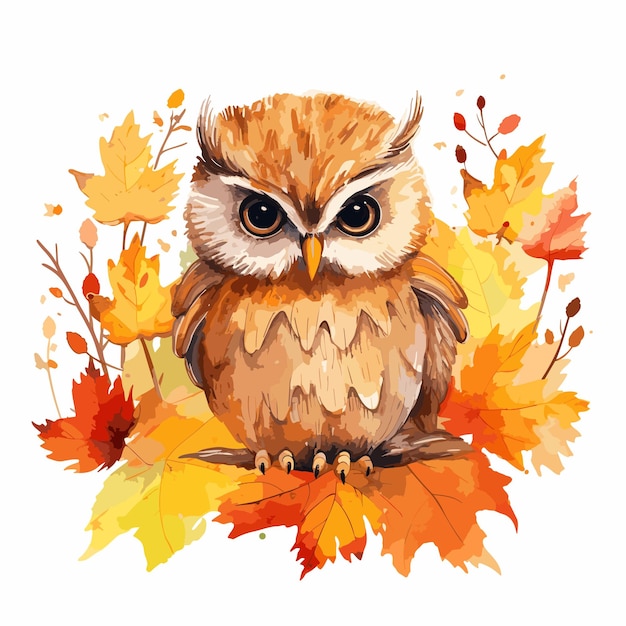 illustration de dessin animé de hibou dessiné à la main style automne hibou aquarelle