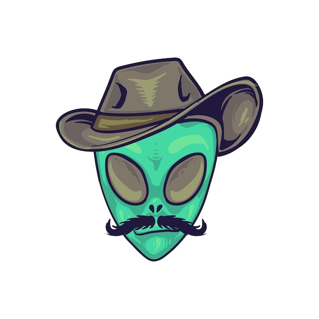 Illustration Dessin Animé Isolé Main Alien Dessiné Tête Portant Chapeau De Cowboy Et Moustache