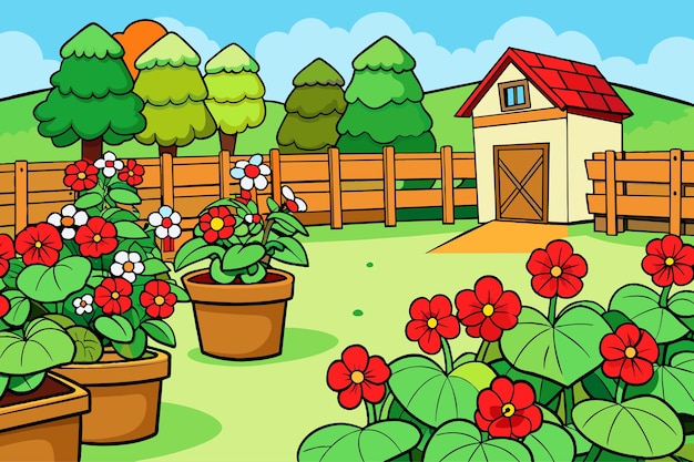 Vecteur une illustration de dessin animé d'un jardin avec une clôture et des fleurs