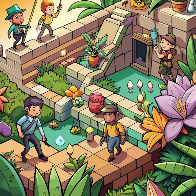 Vecteur une illustration de dessin animé d'un jardin avec un couple d'enfants qui marchent à l'arrière-plan
